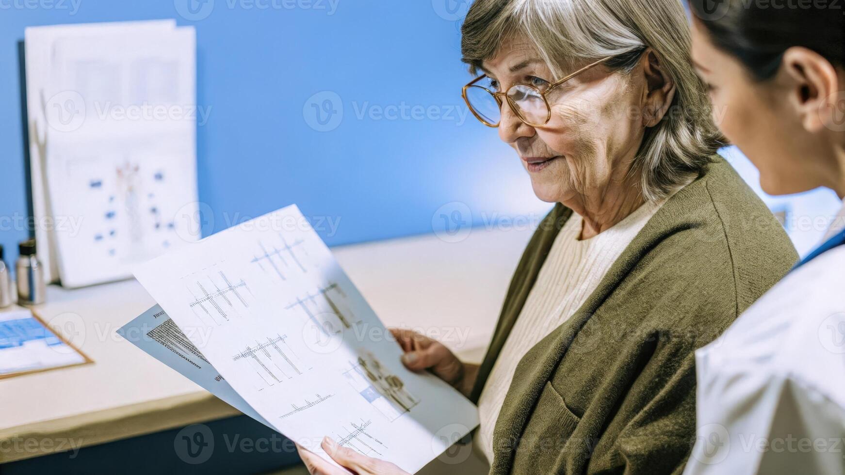 A senior woman surrounded by medical brochures and research papers thoughtfully examines a CRISPR gene editing diagram while communicating with a healthcare professional.. photo