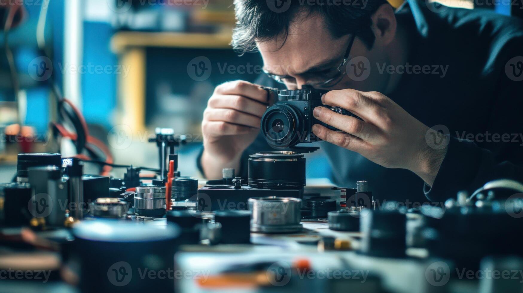 A closeup view of a technician meticulously calibrating the lens of a highend camera surrounded by various technical manuals and electronic devices with the focus on the delicate photo