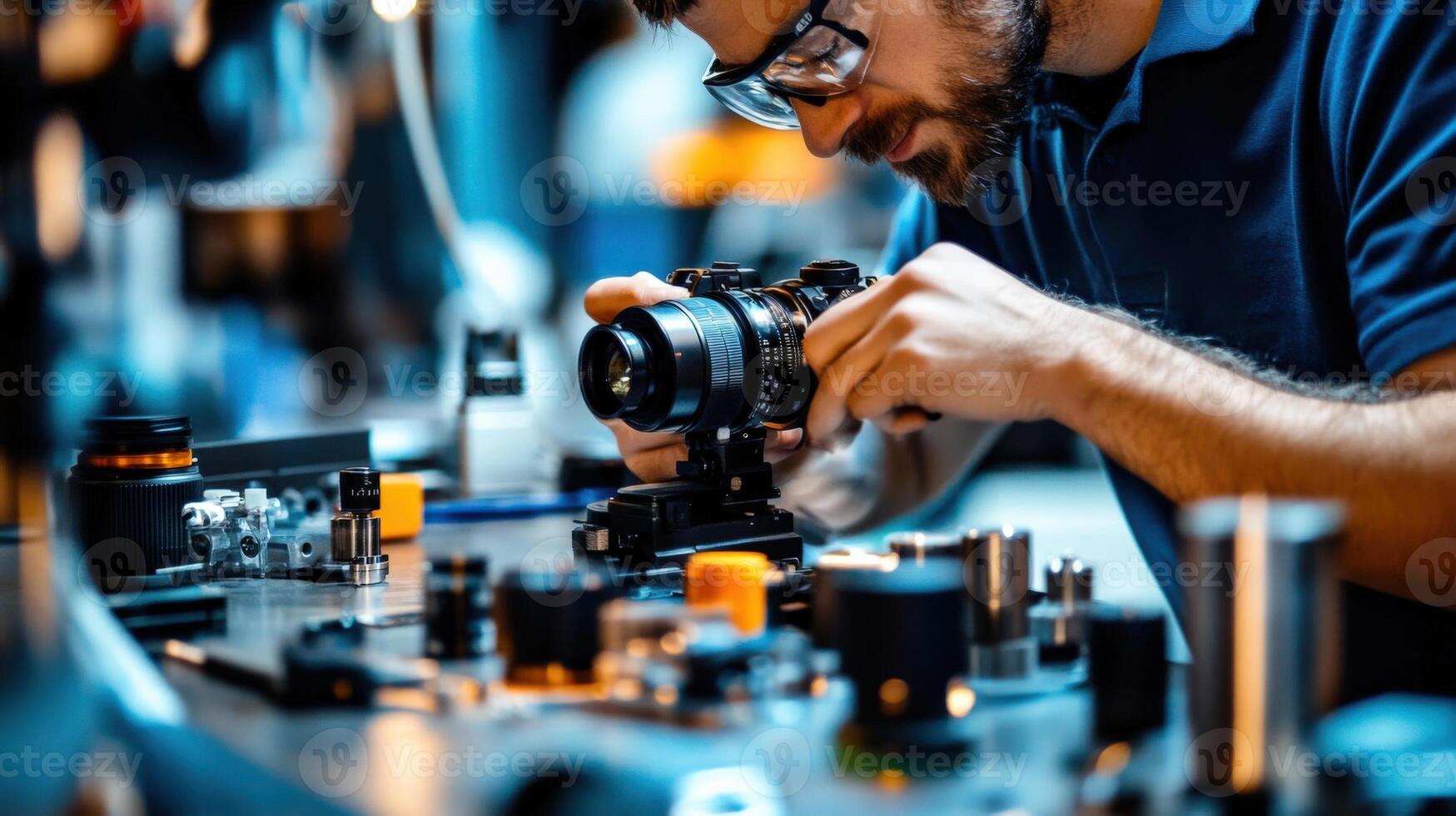 Engineer assembling professional digital cinema camera in a workshop photo
