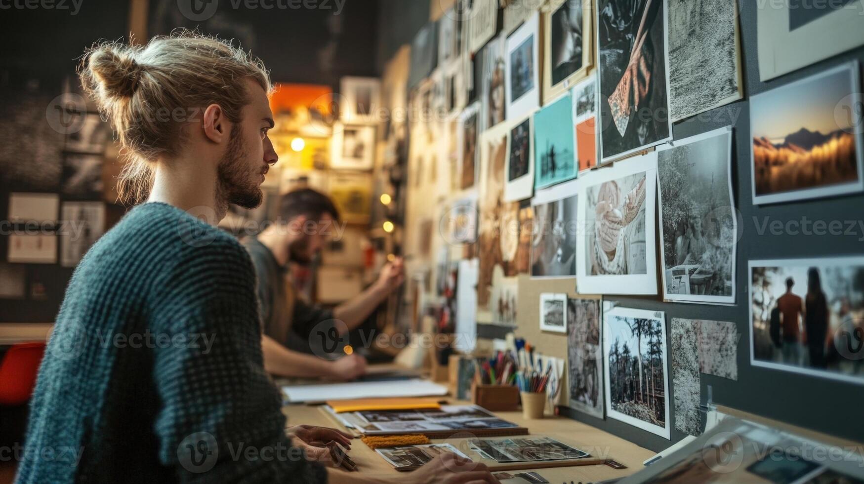 A brainstorming session in a cozy studio space where team members are ed around a mood board adorned with photographs textures and color swatches passionately debating the emotiona photo