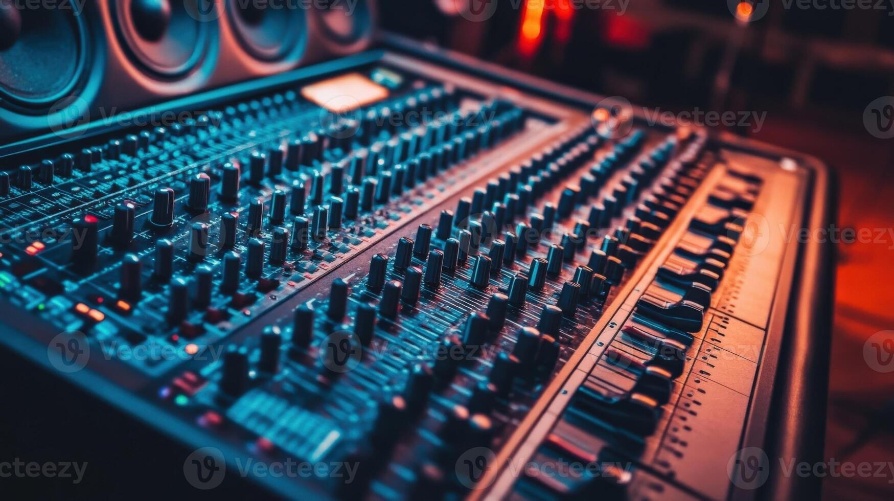 An overhead angle of a mixing console integrated with studio monitors with soundproofing curtains draped around the room demonstrating a thoughtfully designed workspace that control photo
