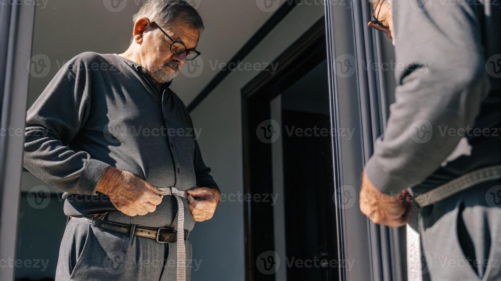 A senior man stands in front of a fulllength mirror adjusting smart body measuring ss around his waist with a look of determination as he prepares for his muscle mass assessment.. photo