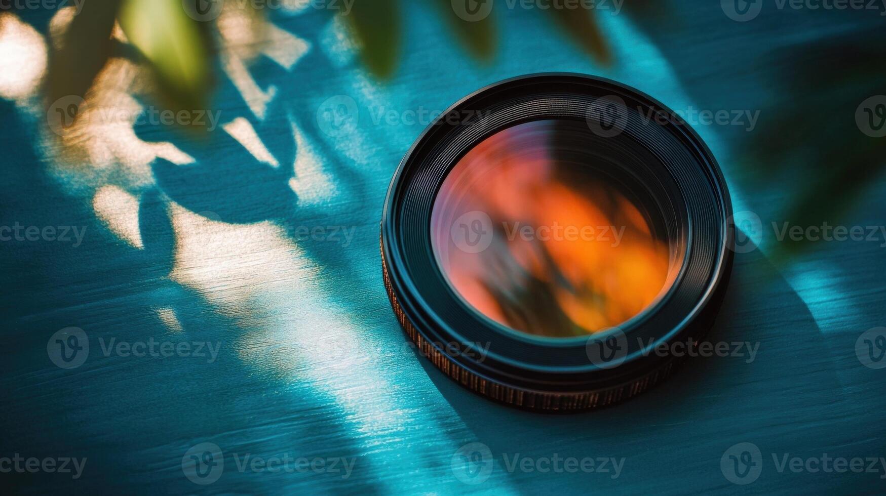 Camera lens reflecting sunlight on blue wooden table photo