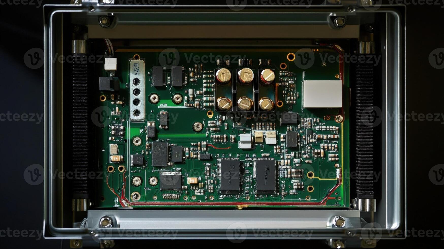 A crosssectional view of a portable converter revealing its internal circuit board with detailed components such as capacitors resistors and signal processing chips all encase photo