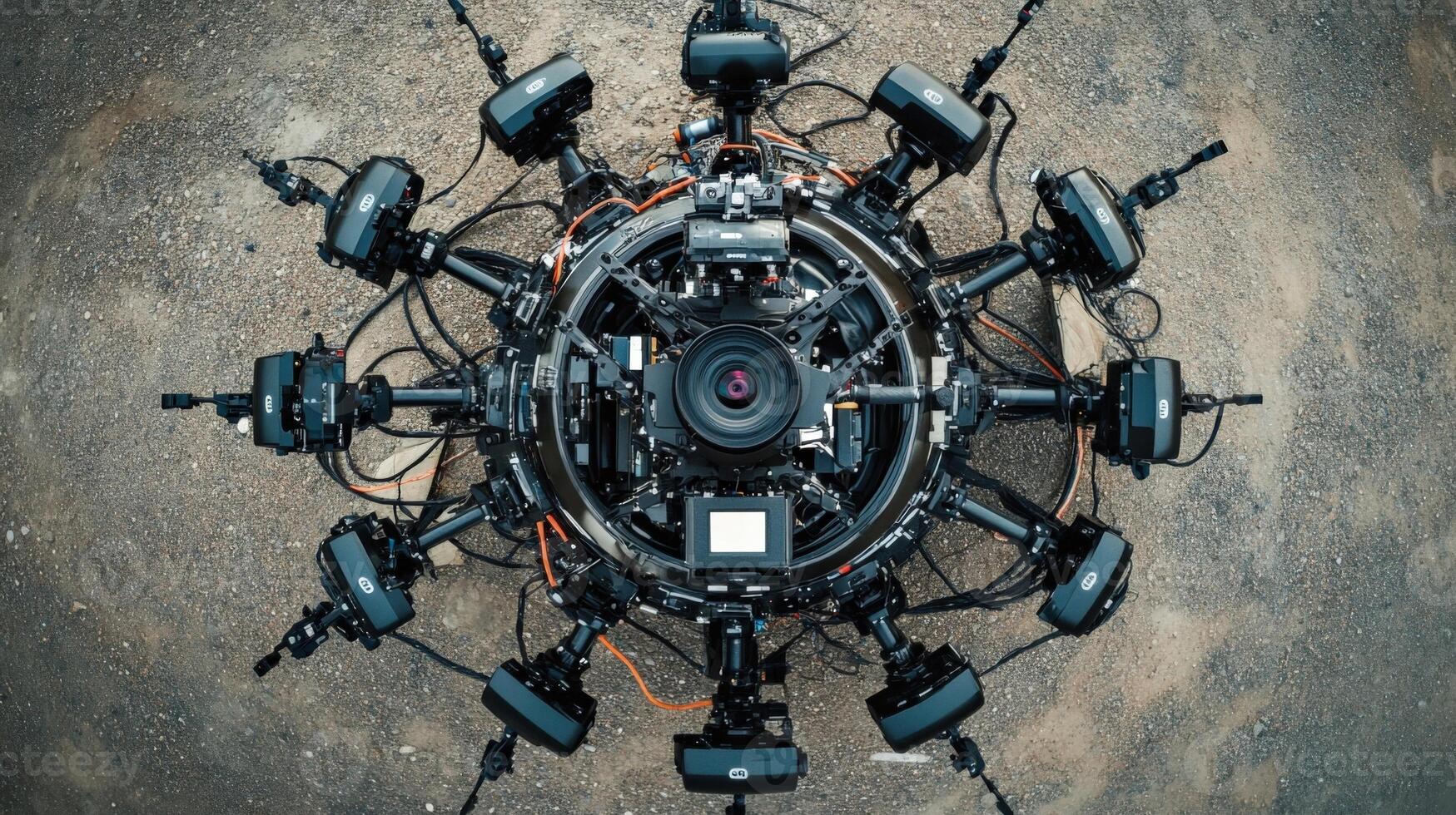 A topdown view of a spherical rig with multiple cameras positioned at different angles highlighting the advanced optics and sensors used for highresolution image capture. The rig i photo