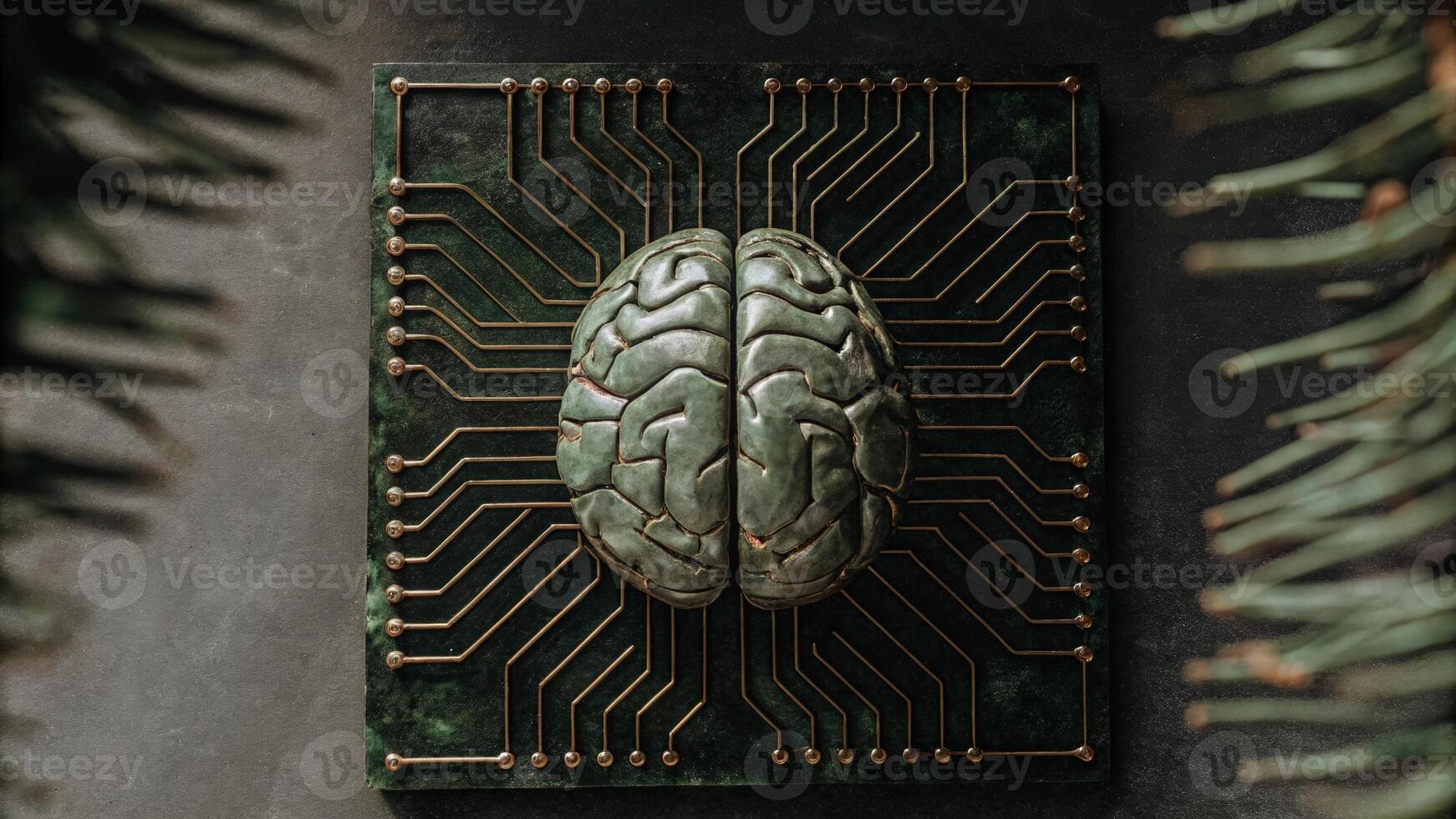 An artistic rendering of a brain intertwined with circuit board elements symbolizing the marriage of biology and technology aimed at cognitive improvement.. photo