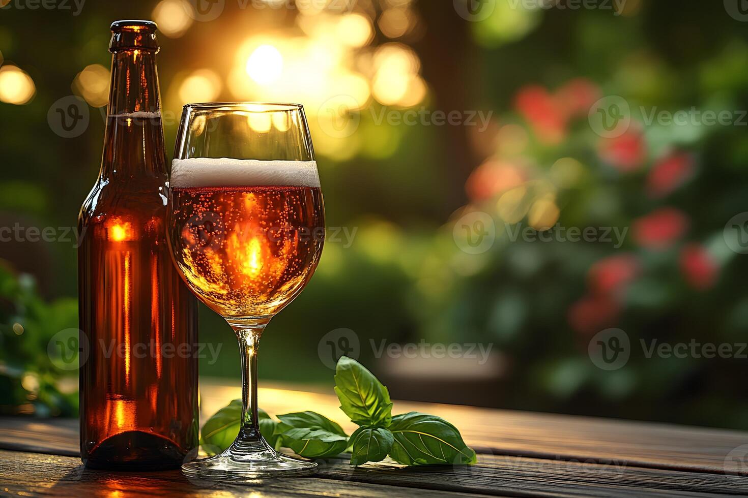 Summer Evening Refreshment with Beer and Basil in Garden Setting photo