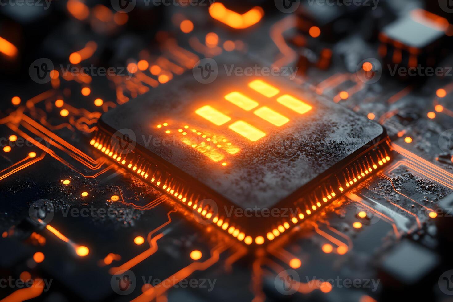 Futuristic Glowing Microchip on Circuit Board for Technology Design photo