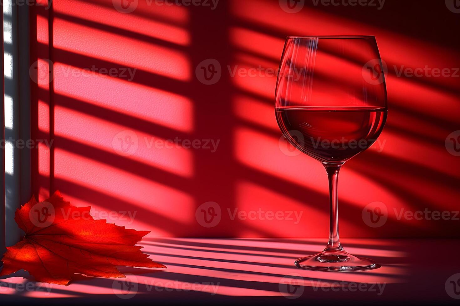 Autumn Wine Aesthetic with Red Leaf and Dramatic Shadow Patterns photo