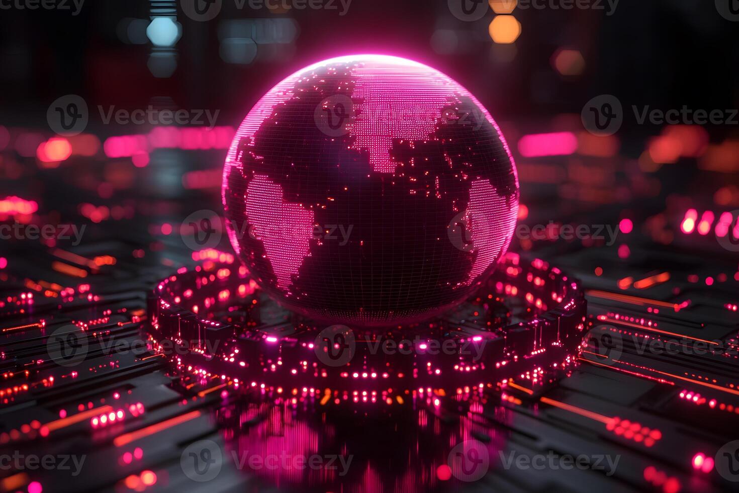 Futuristic Digital Globe Hologram with Neon Lights for Technology and Innovation Design photo