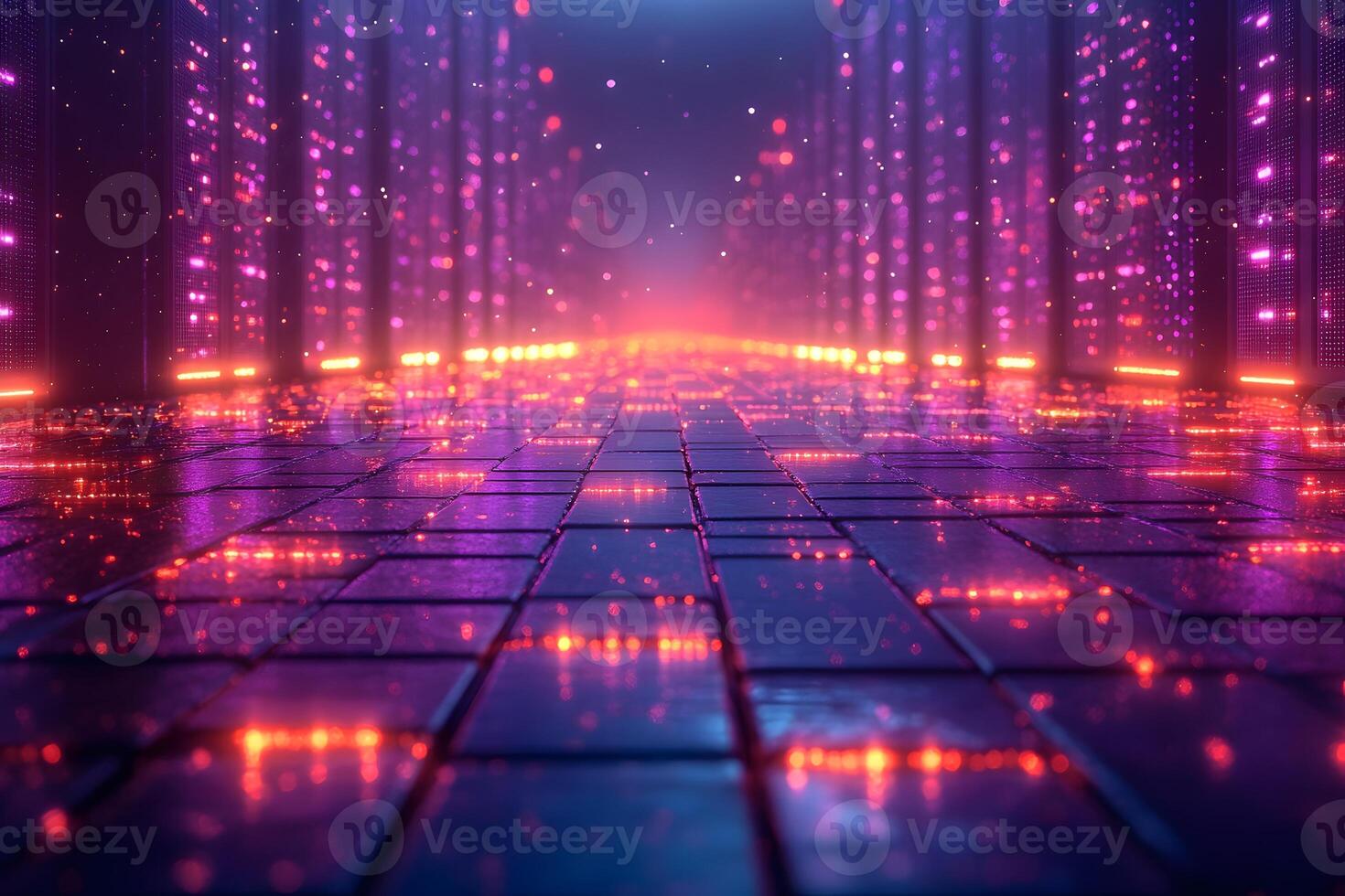 Futuristic Neon Data Center Corridor - Technology and Cybersecurity Concept Design photo