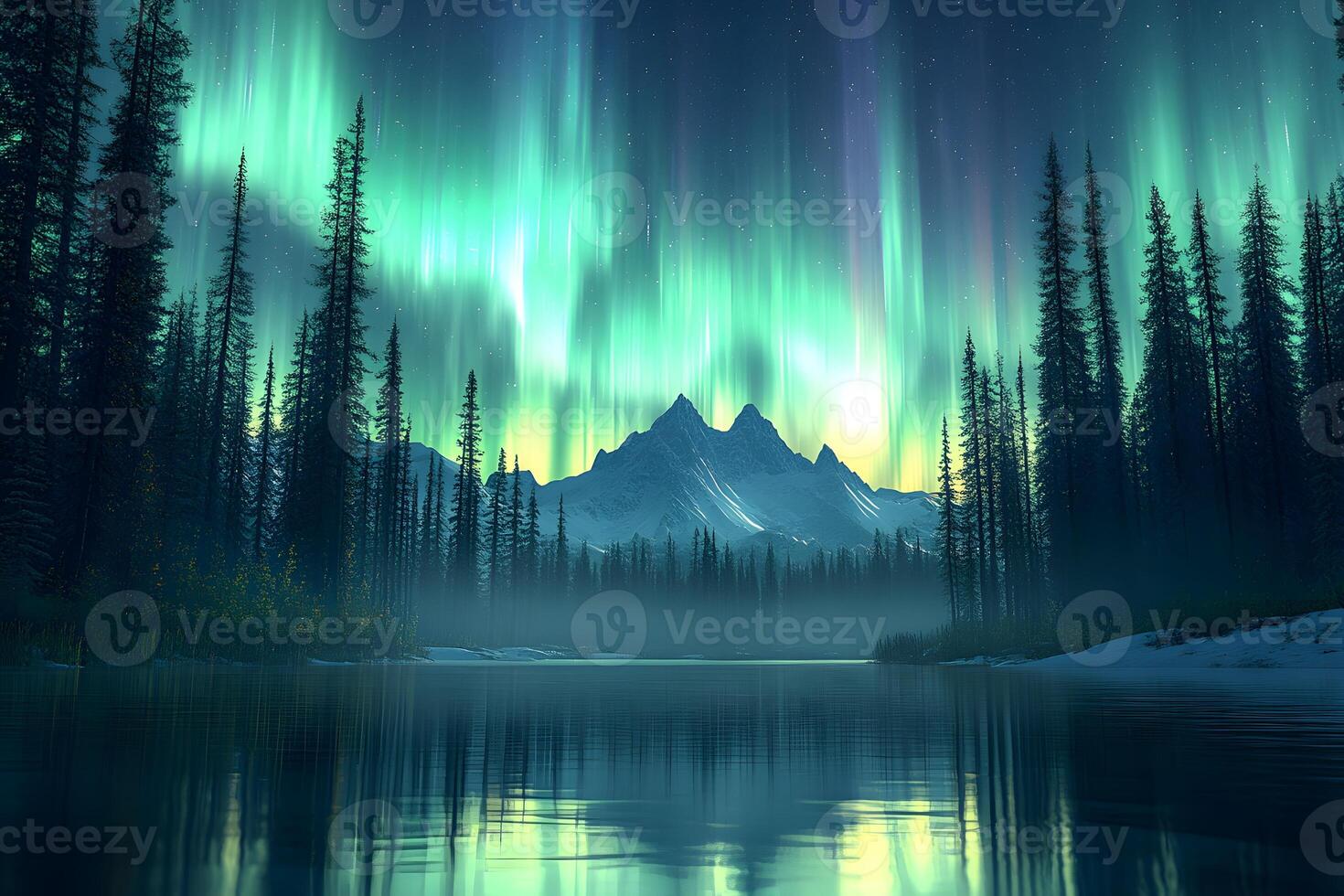 Northern Lights Over Mountain Lake in Winter Forest Twilight Landscape for Nature Posters photo