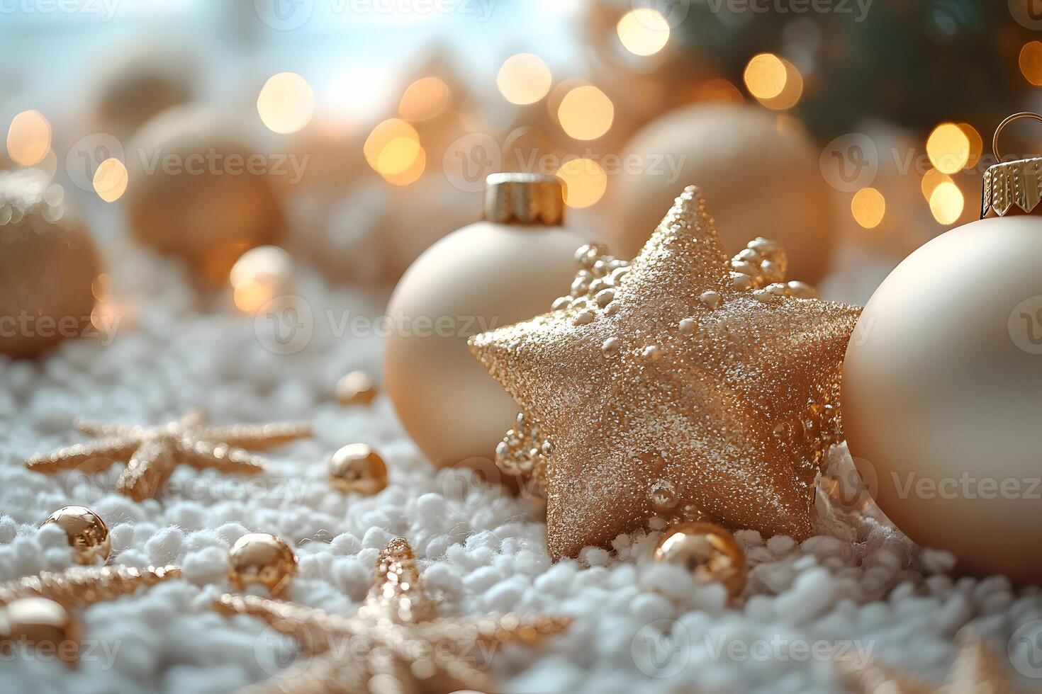 Sparkling Christmas Holiday Decorations with Golden Ornaments and Stars for Festive Design photo