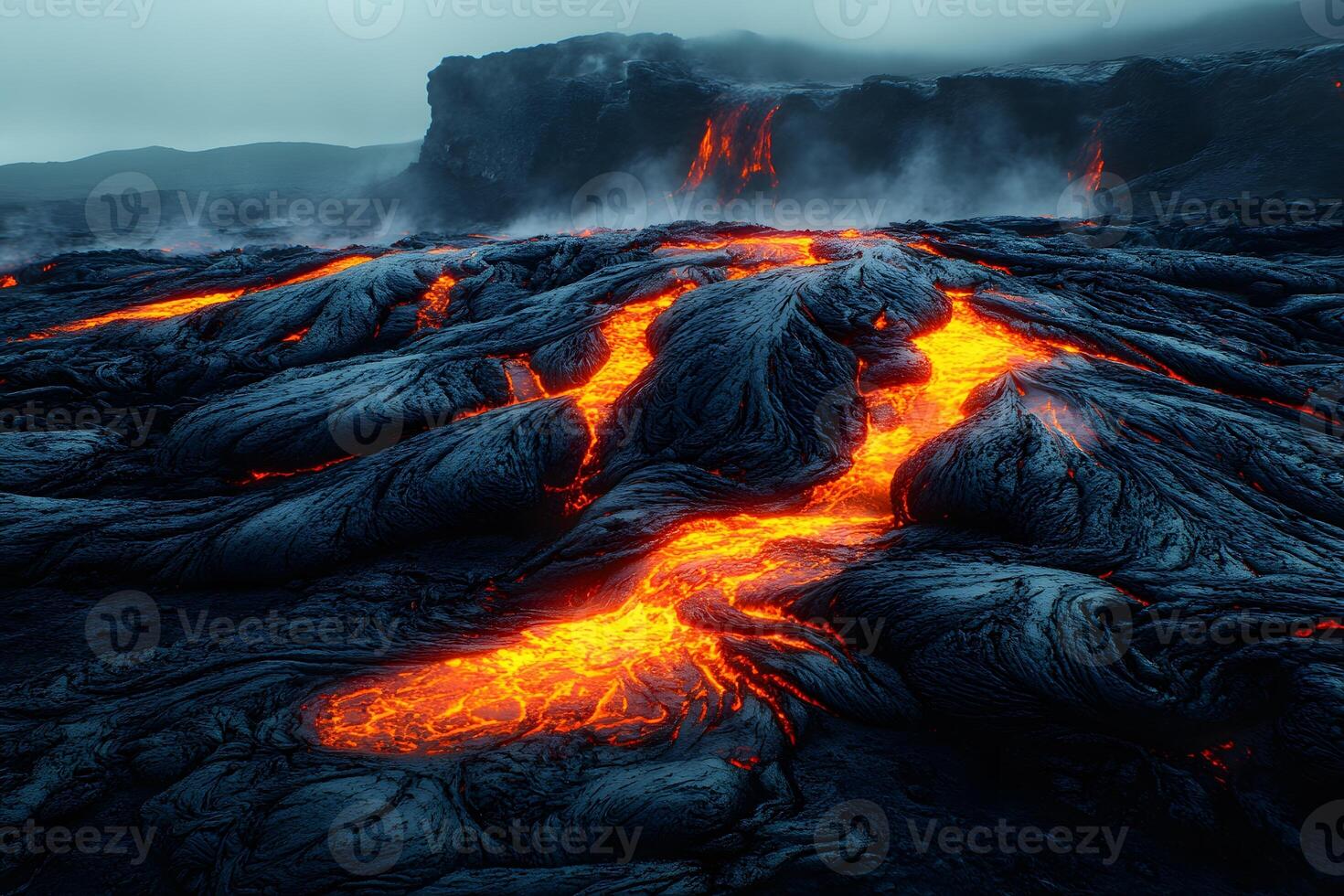 Molten Lava Flowing from Volcano at Dusk - Dramatic Geothermal Landscape for Nature Posters photo
