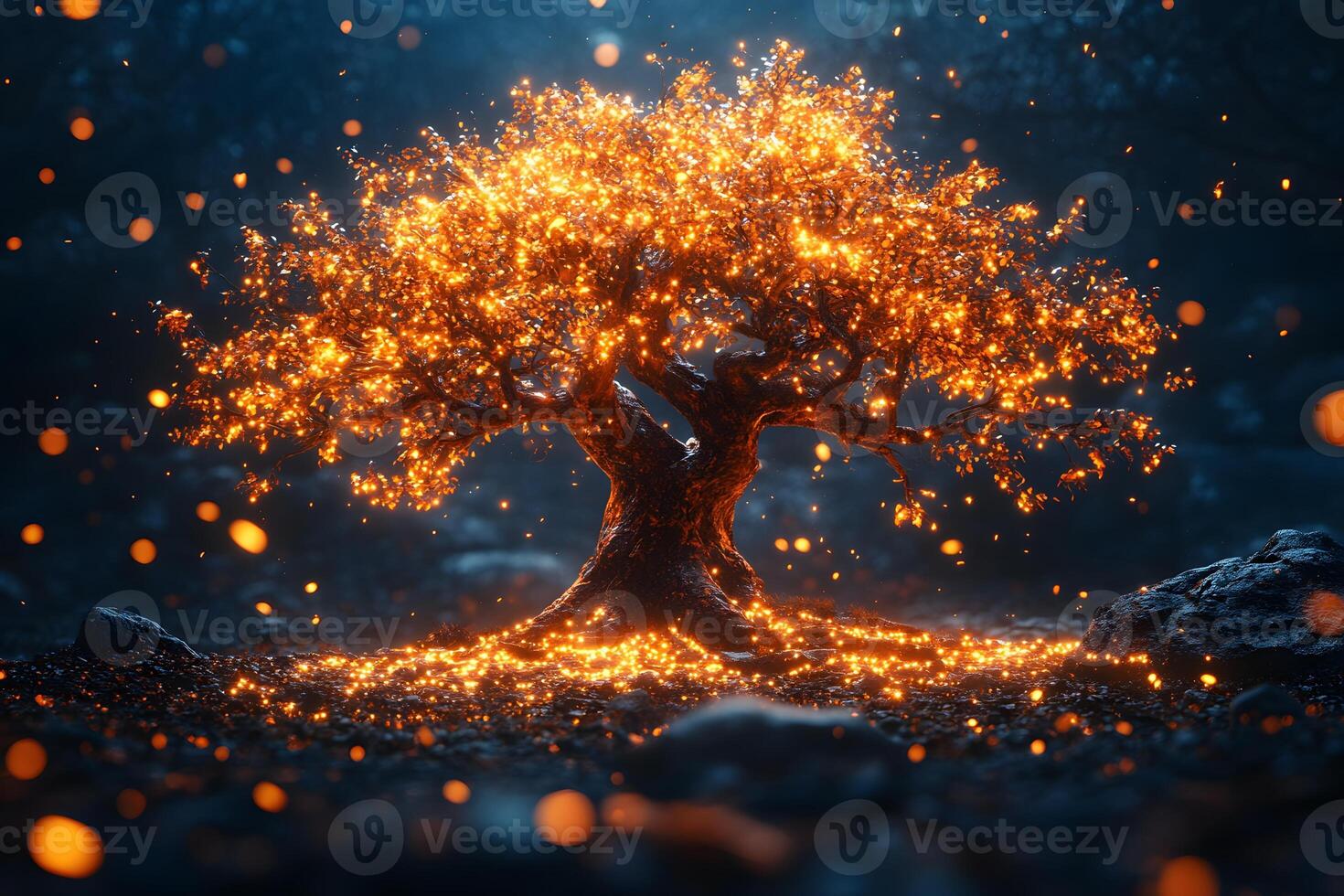 Enchanted Tree with Glowing Firefly Lights in Mystical Forest at Night photo