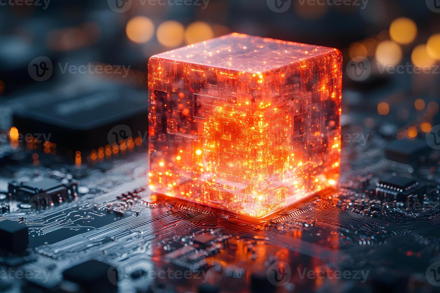 Digital Transformation Concept with Futuristic Glowing Cube on Circuit Board for Technology Design photo