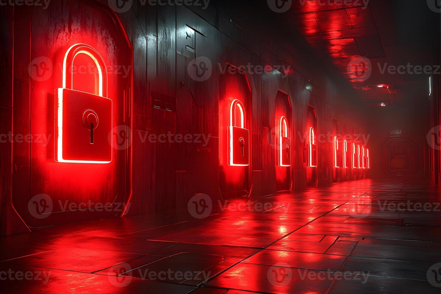 Futuristic Corridor with Glowing Red Padlocks for Technology and Security Design photo