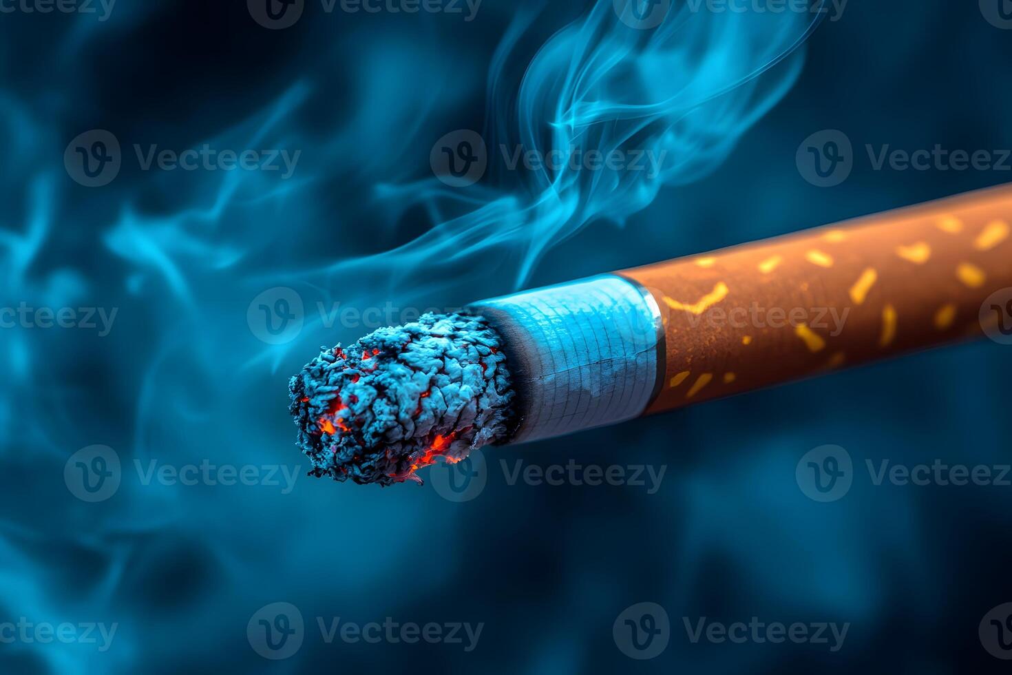 Burning Cigarette with Smoke on Blue Background - Anti-Smoking Concept photo