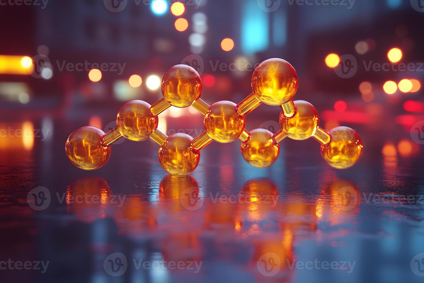 Molecular Structure on Reflective Surface with Urban Night Lights for Science Posters photo
