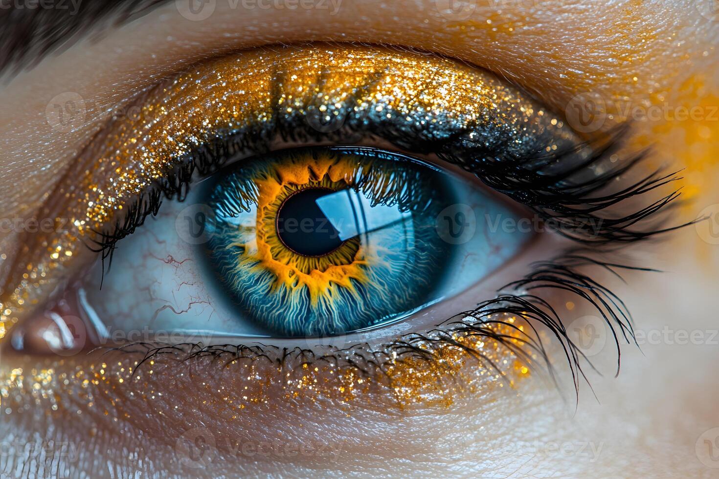 Vibrant Yellow and Blue Eye with Metallic Glitter Eye Makeup for Creative Art and Design photo