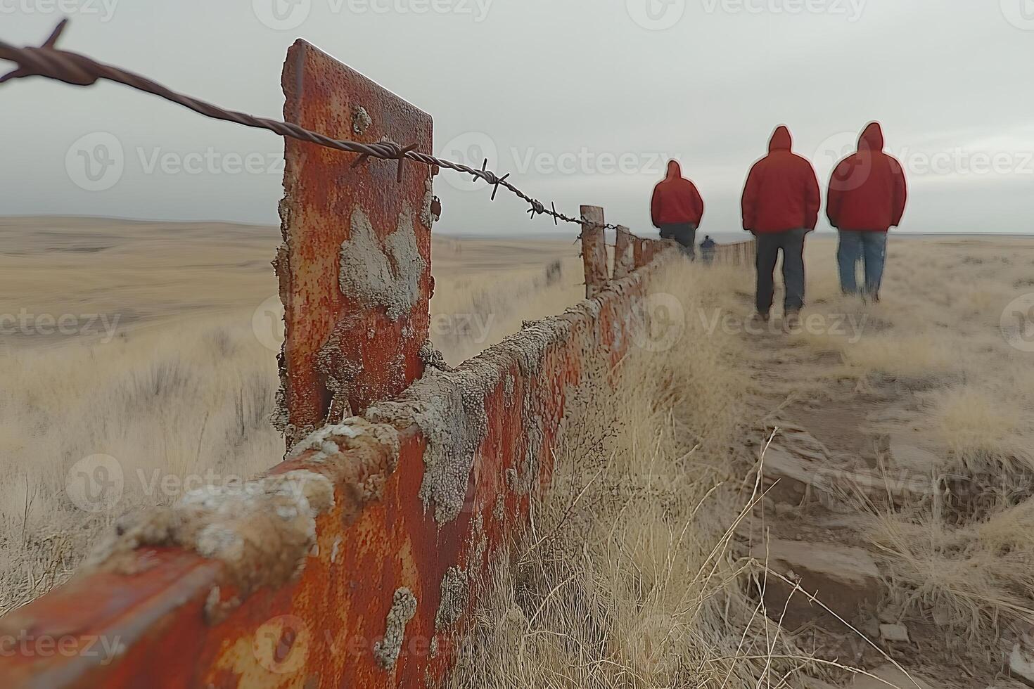 Rusty Fence and Desert Landscape with Three Hooded Figures Walking in Winter photo