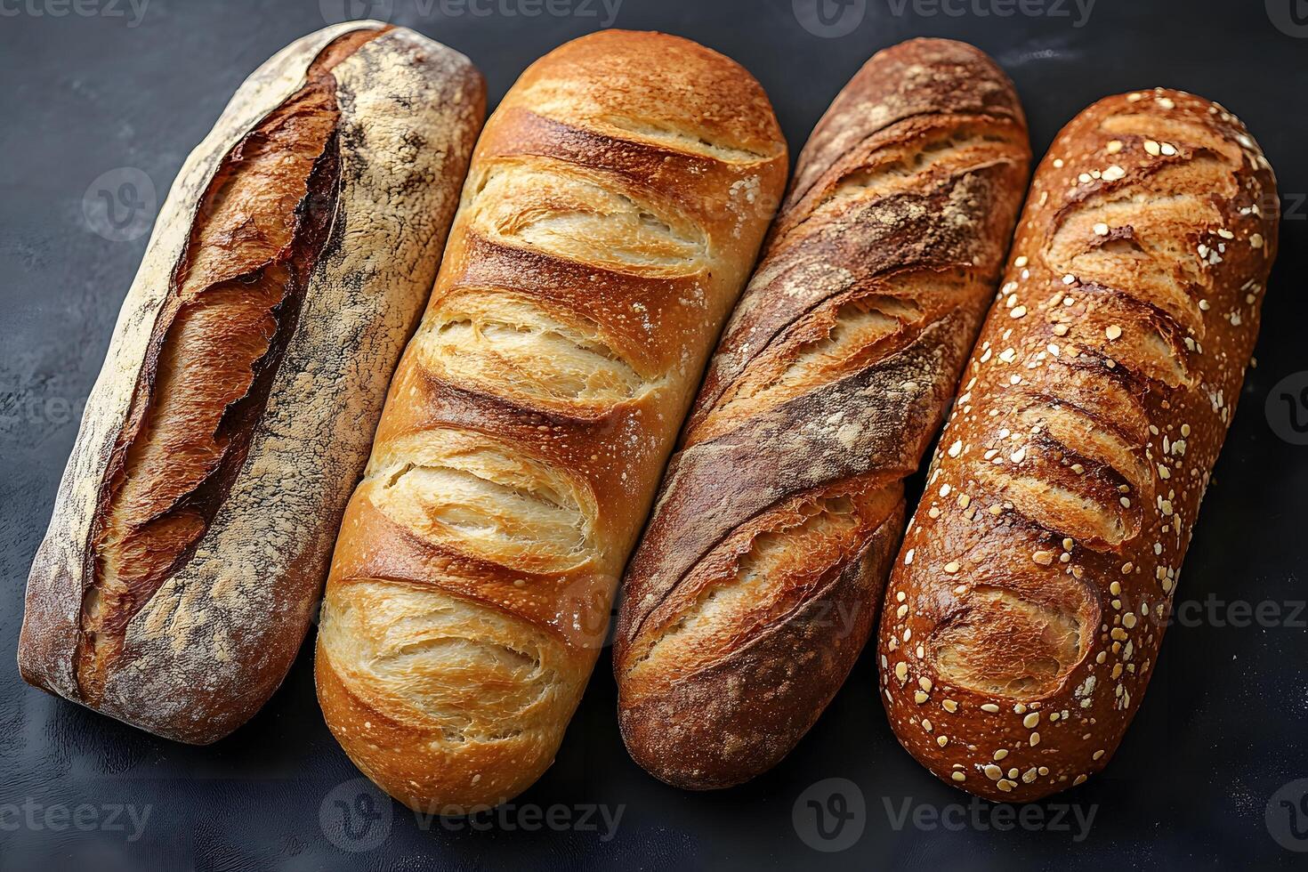Artisan Bread Variety Display Featuring Rustic Loaf, Baguette, Whole Grain with Seeds photo