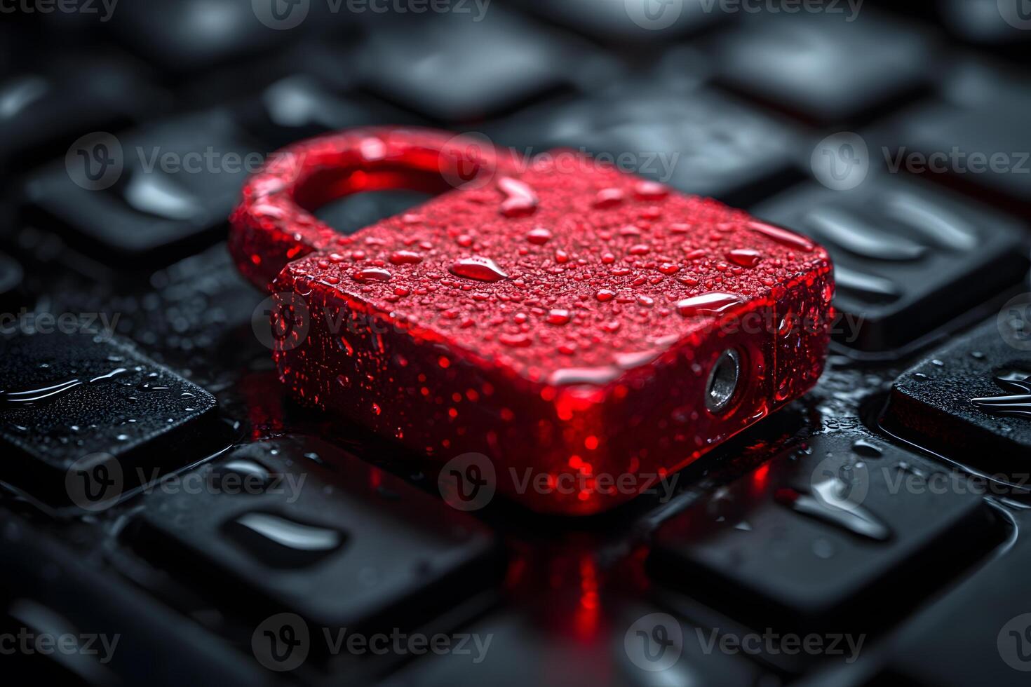 Cybersecurity Concept Red Lock on Wet Keyboard Symbolizing Online Protection photo