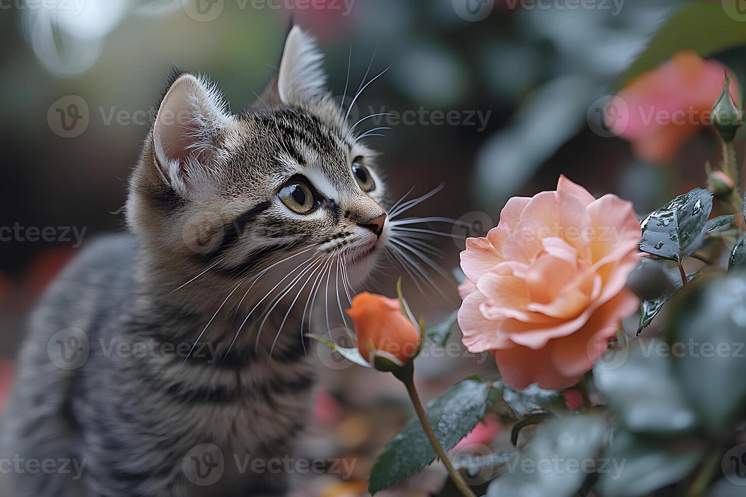 Curious Kitten Exploring Beautiful Garden Roses in Bloom photo