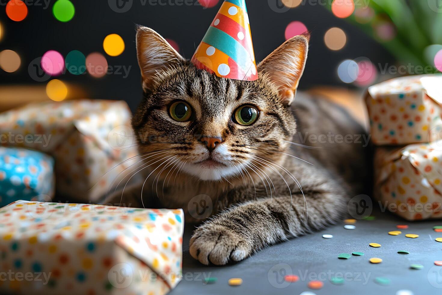 Birthday Cat with Party Hat Surrounded by Gifts and Colorful Bokeh Lights photo