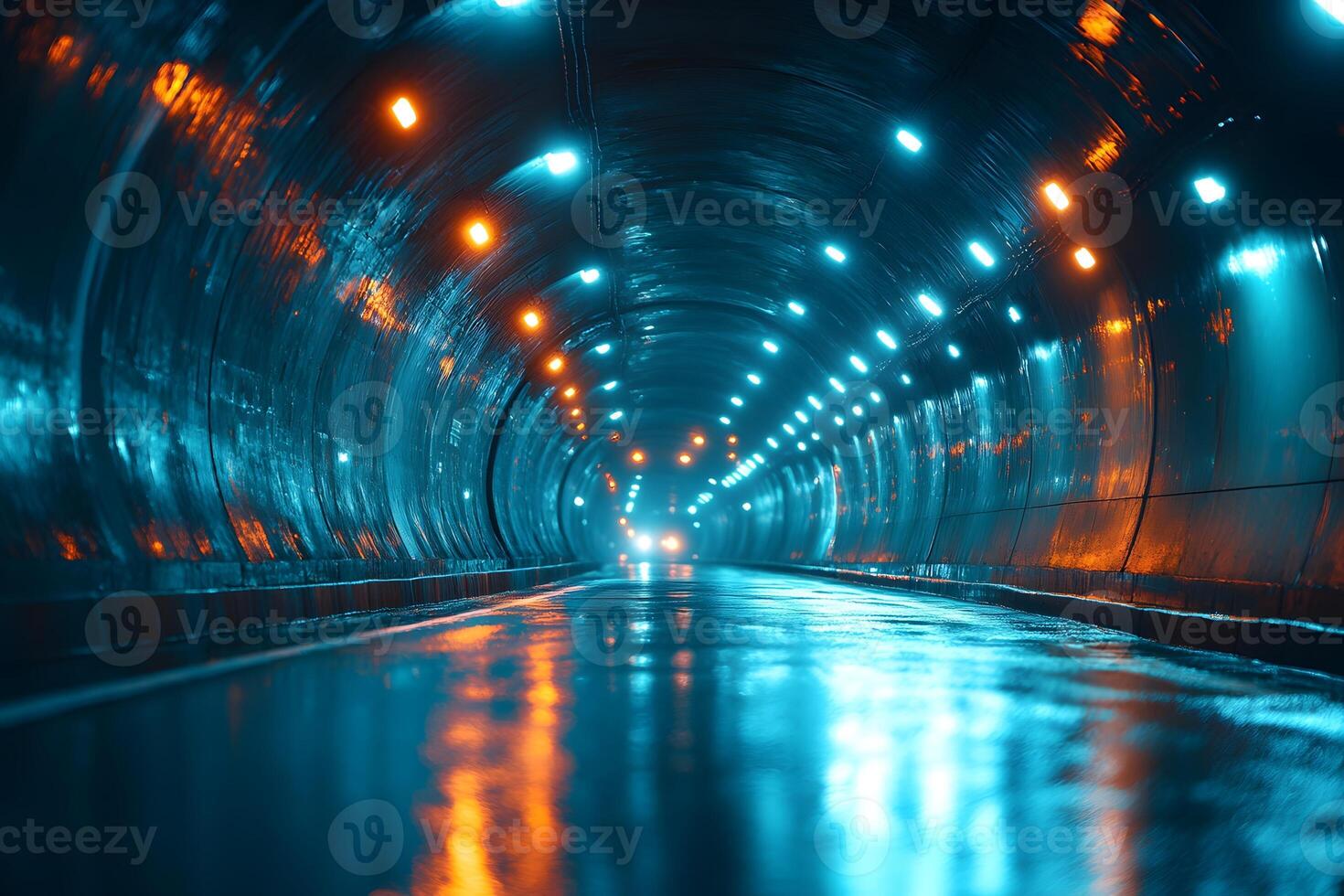 Futuristic Tunnel with Reflective Wet Floor and Vibrant Lighting photo