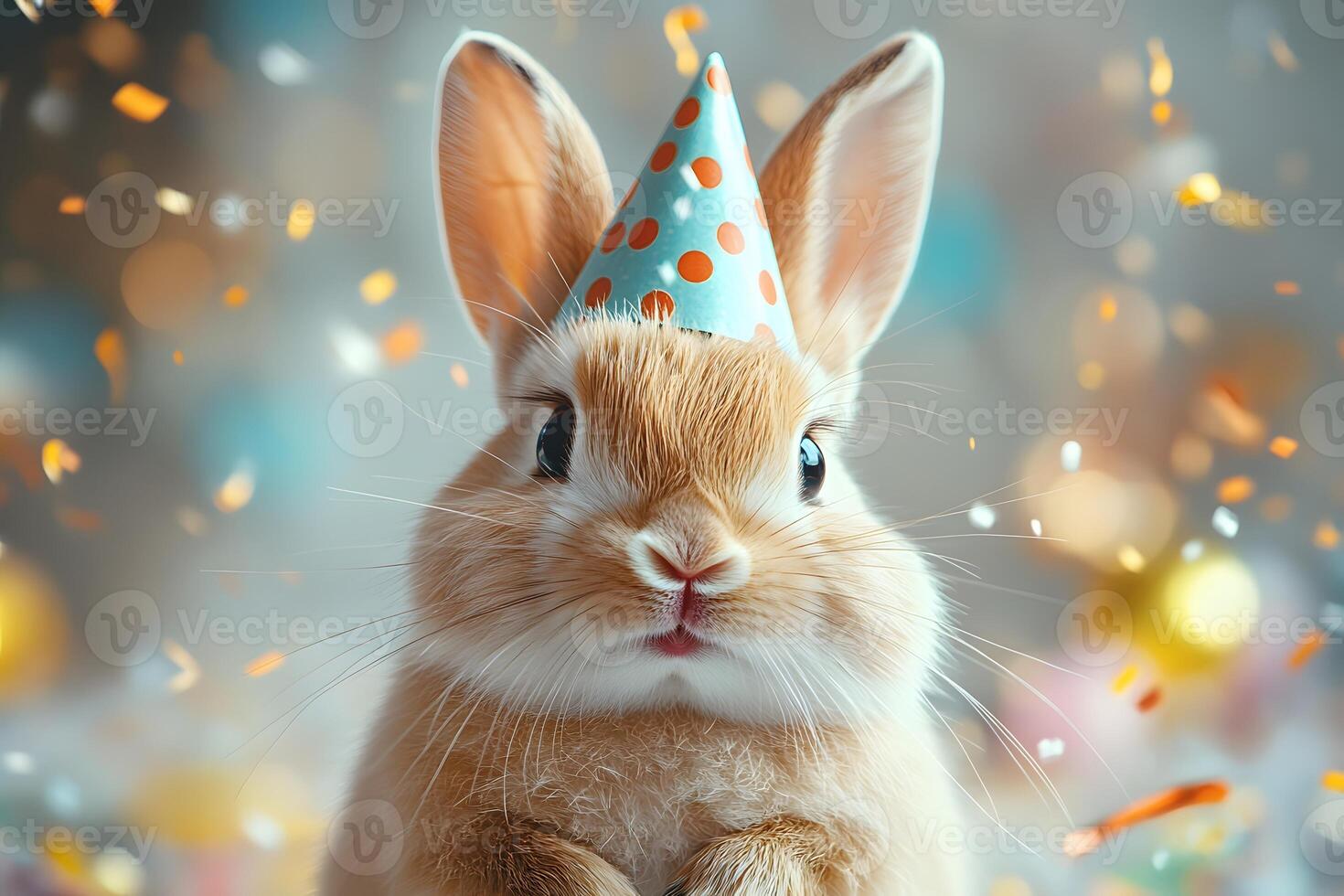 Adorable Birthday Bunny with Party Hat and Festive Confetti photo