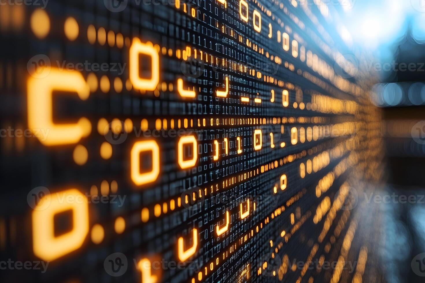 Abstract Digital Code Wall with Glowing Orange Binary Elements for Technology Design photo