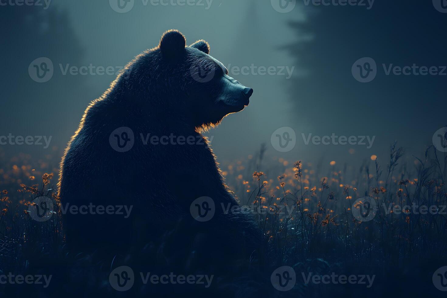 Majestic Bear at Dusk in Serene Forest Setting for Tranquil Nature Concepts photo