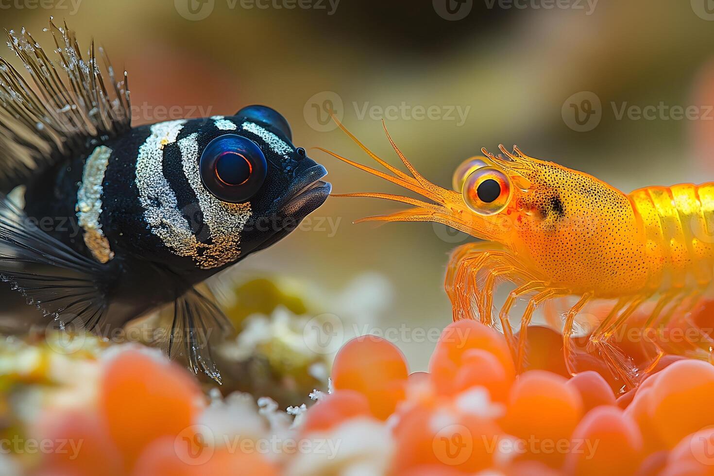 Marine Life Interactions Striped Fish and Vibrant Shrimp in Coral Habitat photo