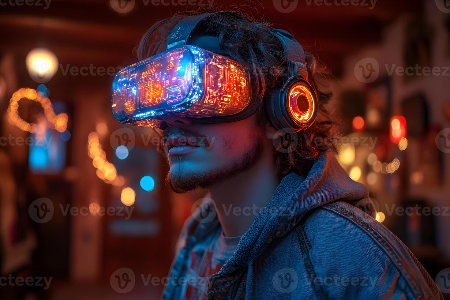 Futuristic VR Experience Concept in a Cozy Interior Environment for Entertainment Design photo