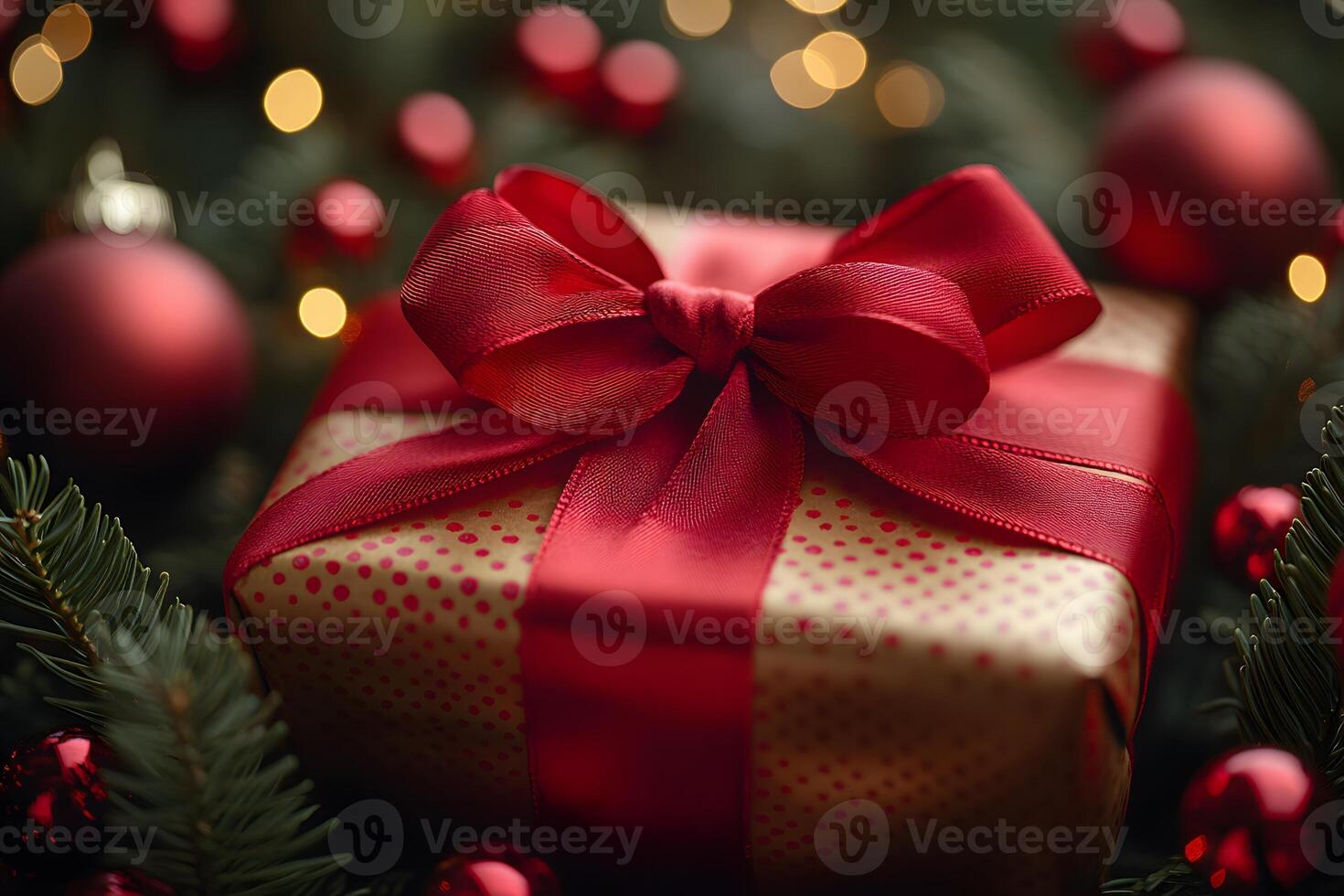 Festive Christmas Gift Wrapped with Red Ribbon Amidst Holiday Ornaments and Twinkling Lights photo