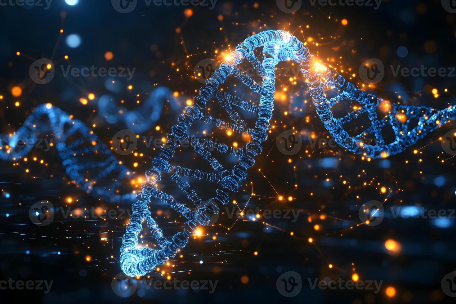 Futuristic DNA Strand Visualization with Glowing Particles for Scientific Research and Innovation photo