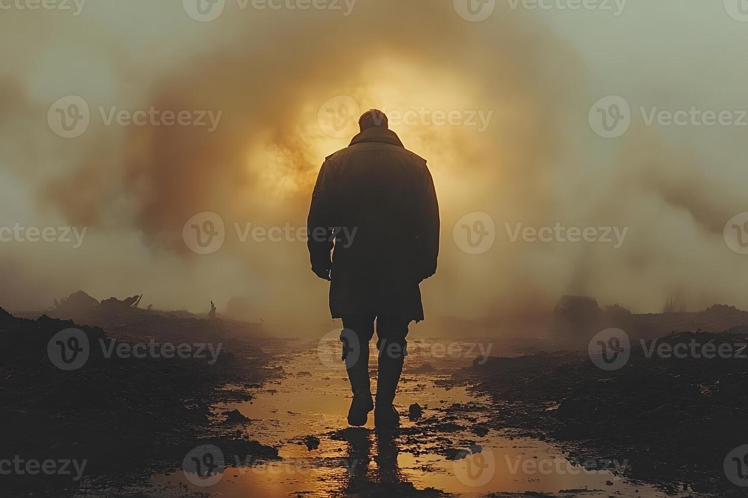 Solitary Journey into the Misty Sunset - Symbol of Reflection and Mystery photo