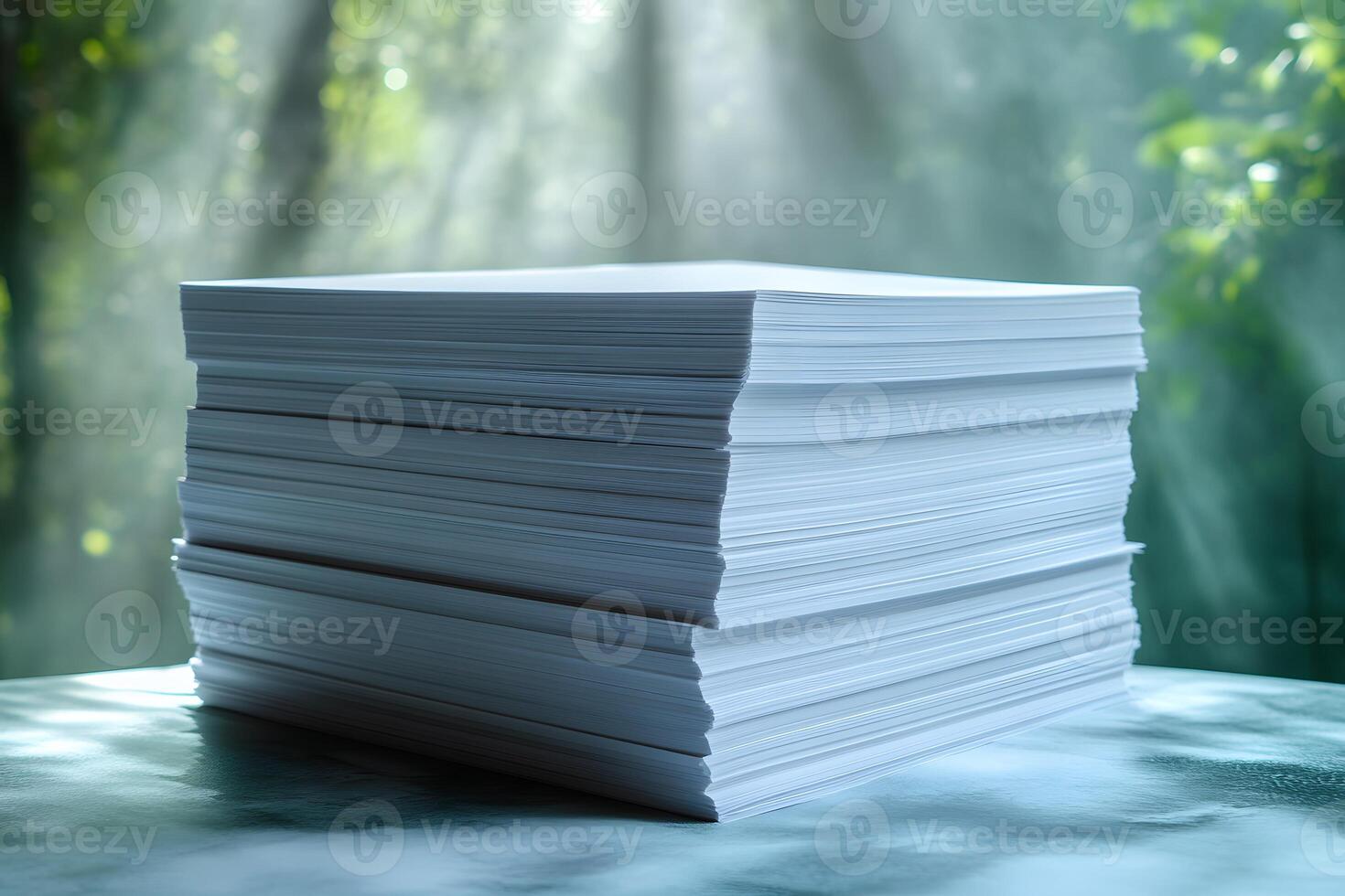 Stack of Paper in Sunlit Forest Setting for Nature-Themed Stationery and Design Projects photo