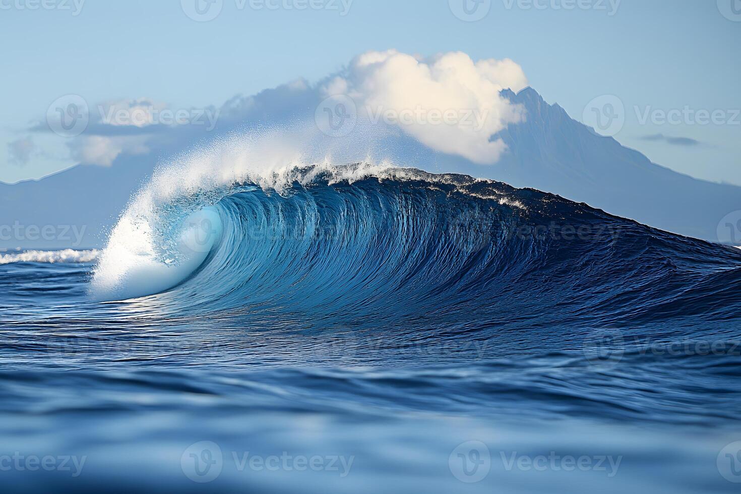 Majestic Ocean Wave with Mountainous Backdrop for Coastal Design and Nature Enthusiasts photo