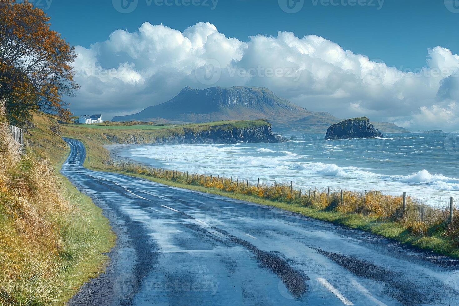 Scenic Coastal Road with Mountain View and Ocean Waves in Serene Landscape photo