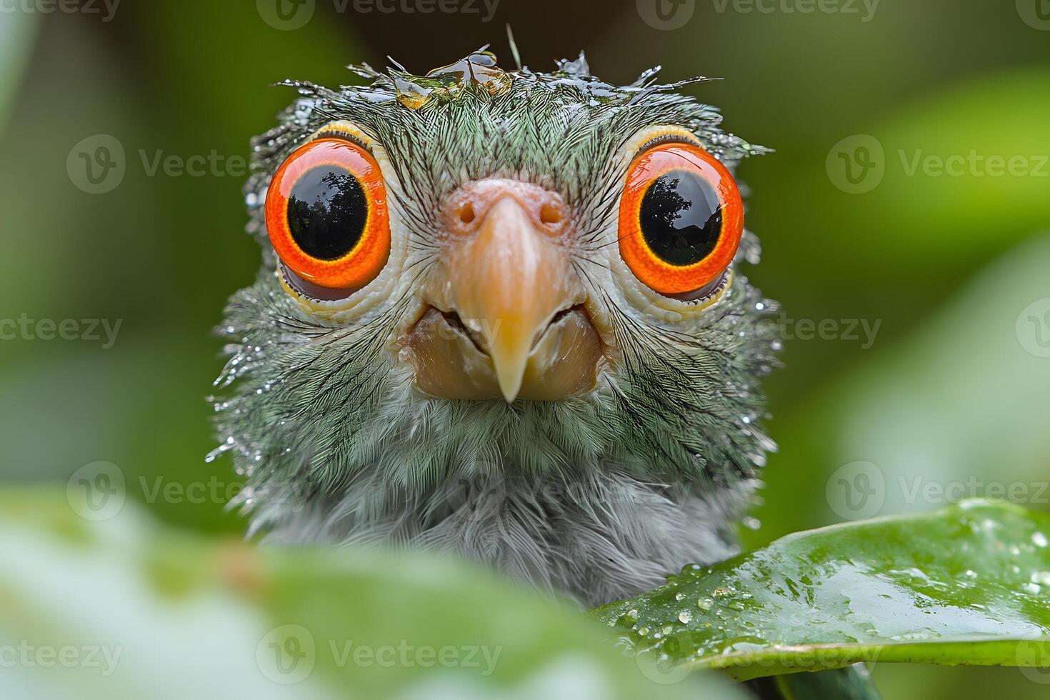Tropical Bird Close-Up with Vibrant Plumage and Dewy Feathers for Wildlife Poster Design photo