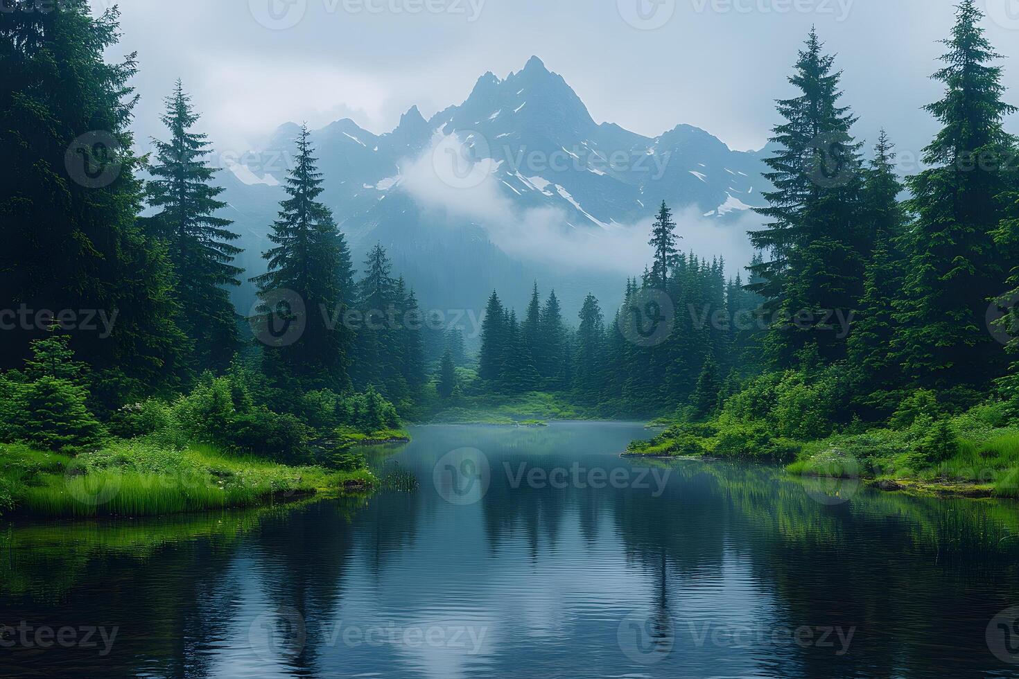 Serene Mountain Landscape Reflection in Misty Forest Lake for Nature Photography photo