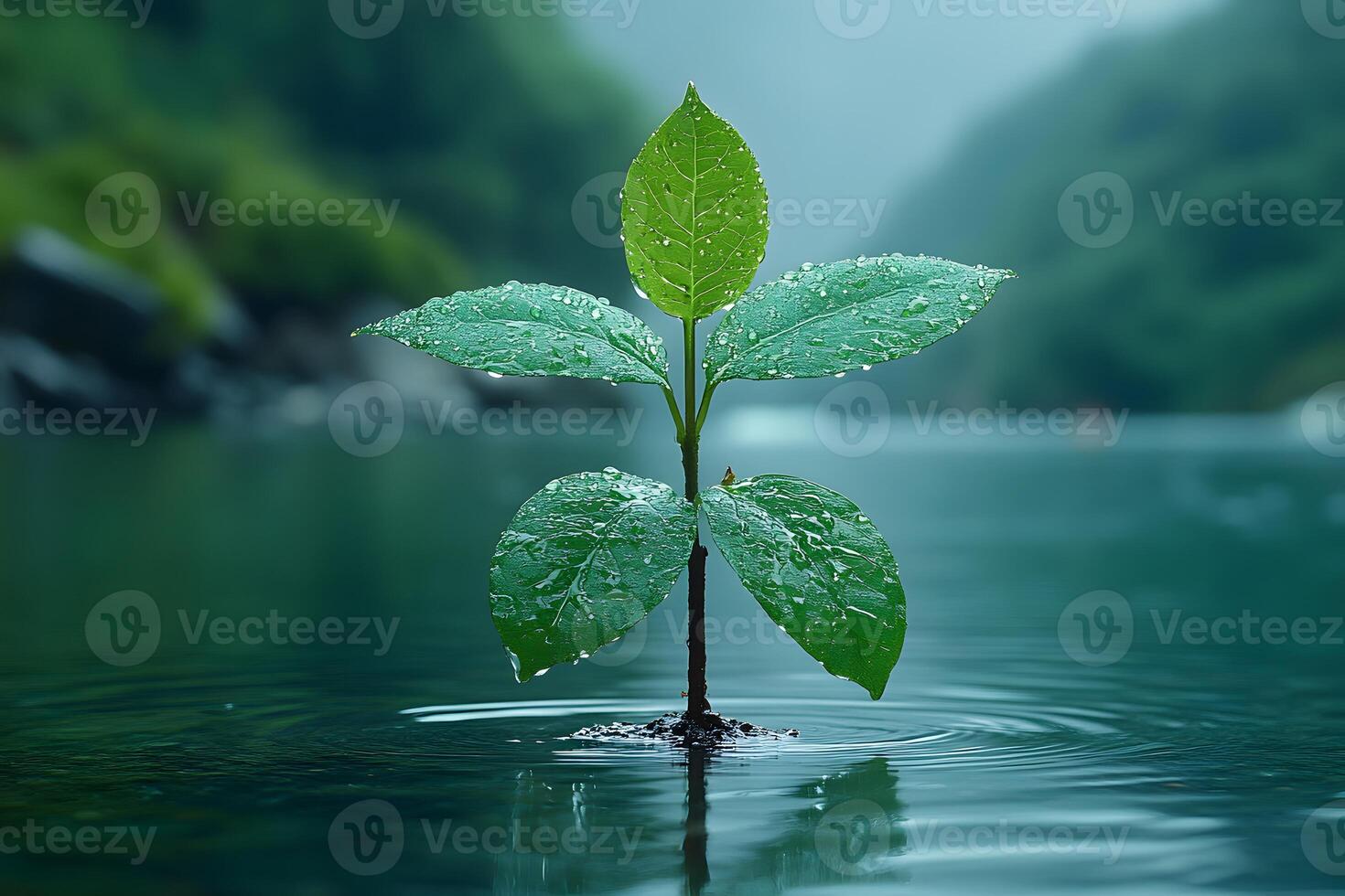 Nature Resilience Young Plant Growing in Serene Water Environment for Eco Design photo