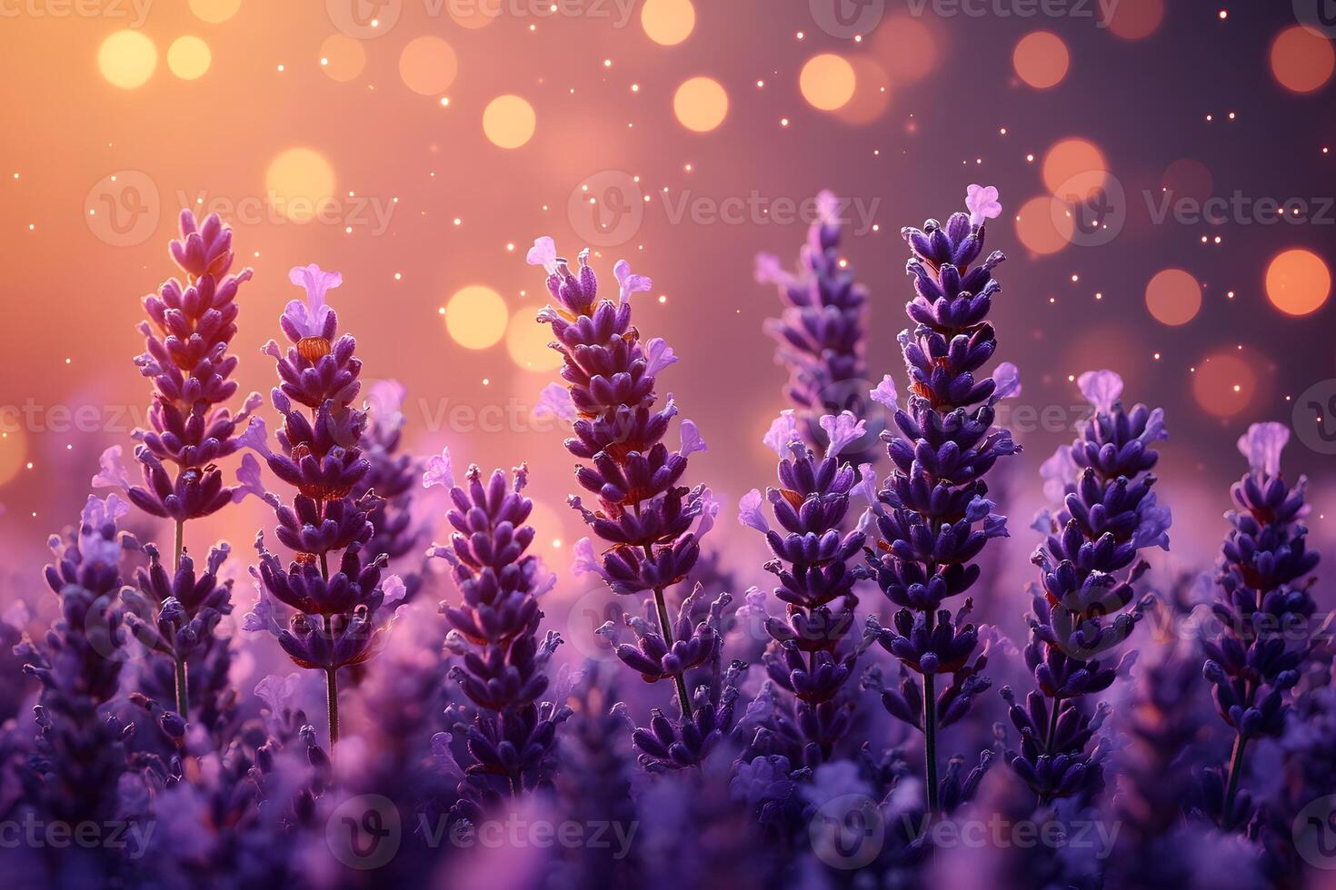Lavender Blossoms at Sunset with Sparkling Bokeh for Relaxation and Serenity photo