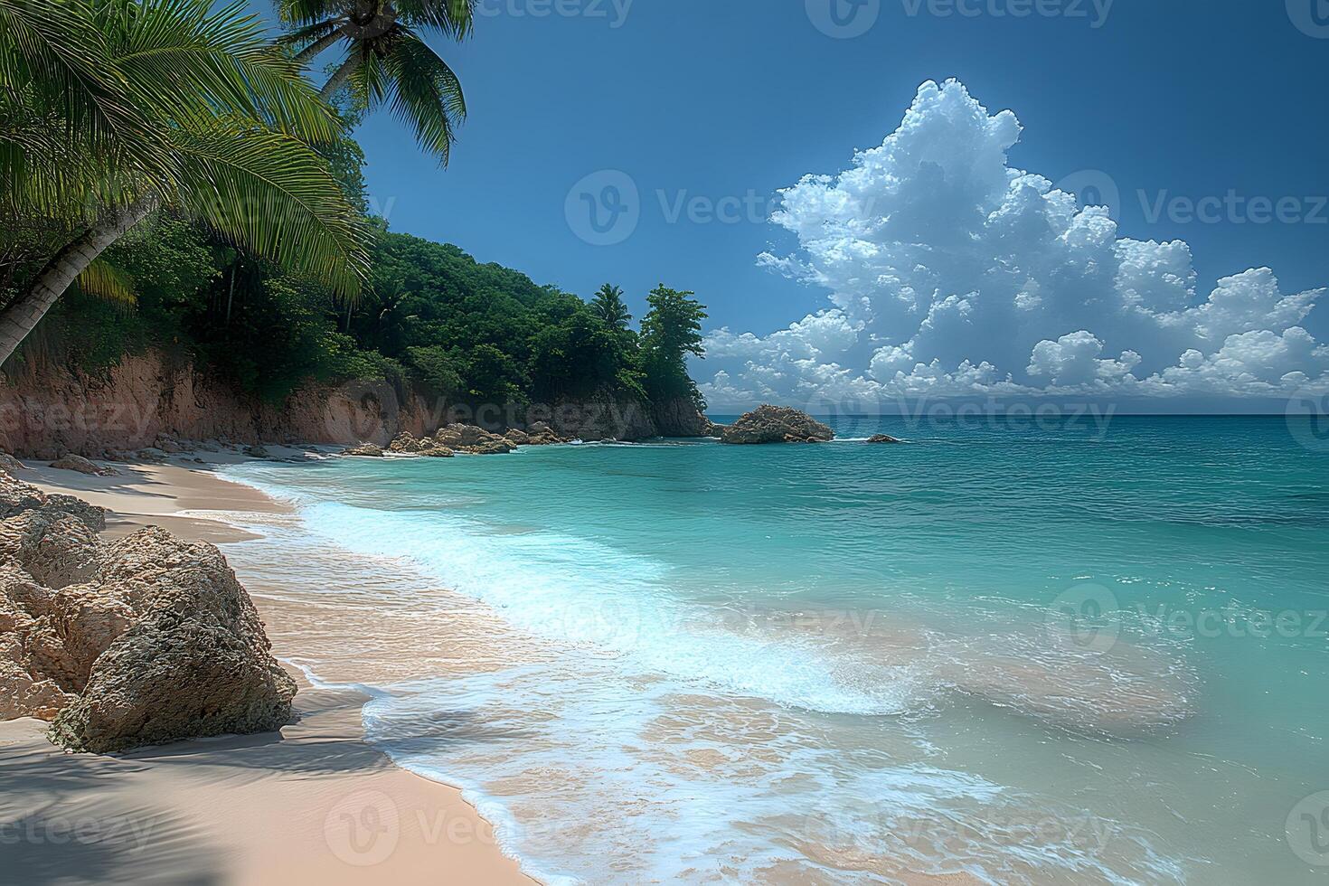 Tropical Paradise Beach with Lush Palms and Azure Ocean for Travel and Relaxation photo