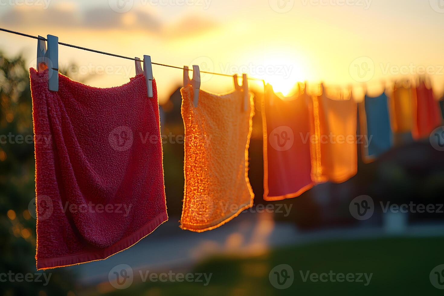 Colorful Towels Drying on Clothesline at Sunset - Cozy Summer Vibes photo
