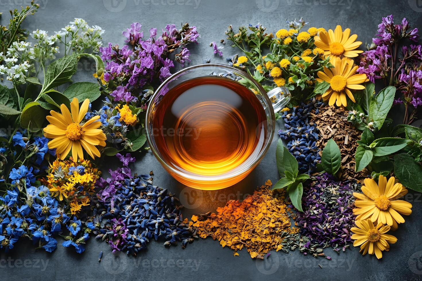 Herbal Tea with Colorful Assorted Flowers for a Relaxing Natural Experience photo