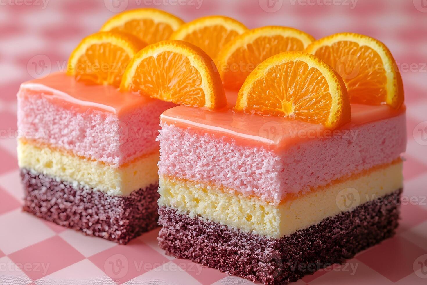 Vibrant Fruit-Layered Cake with Orange Garnish on Checkered Tablecloth photo