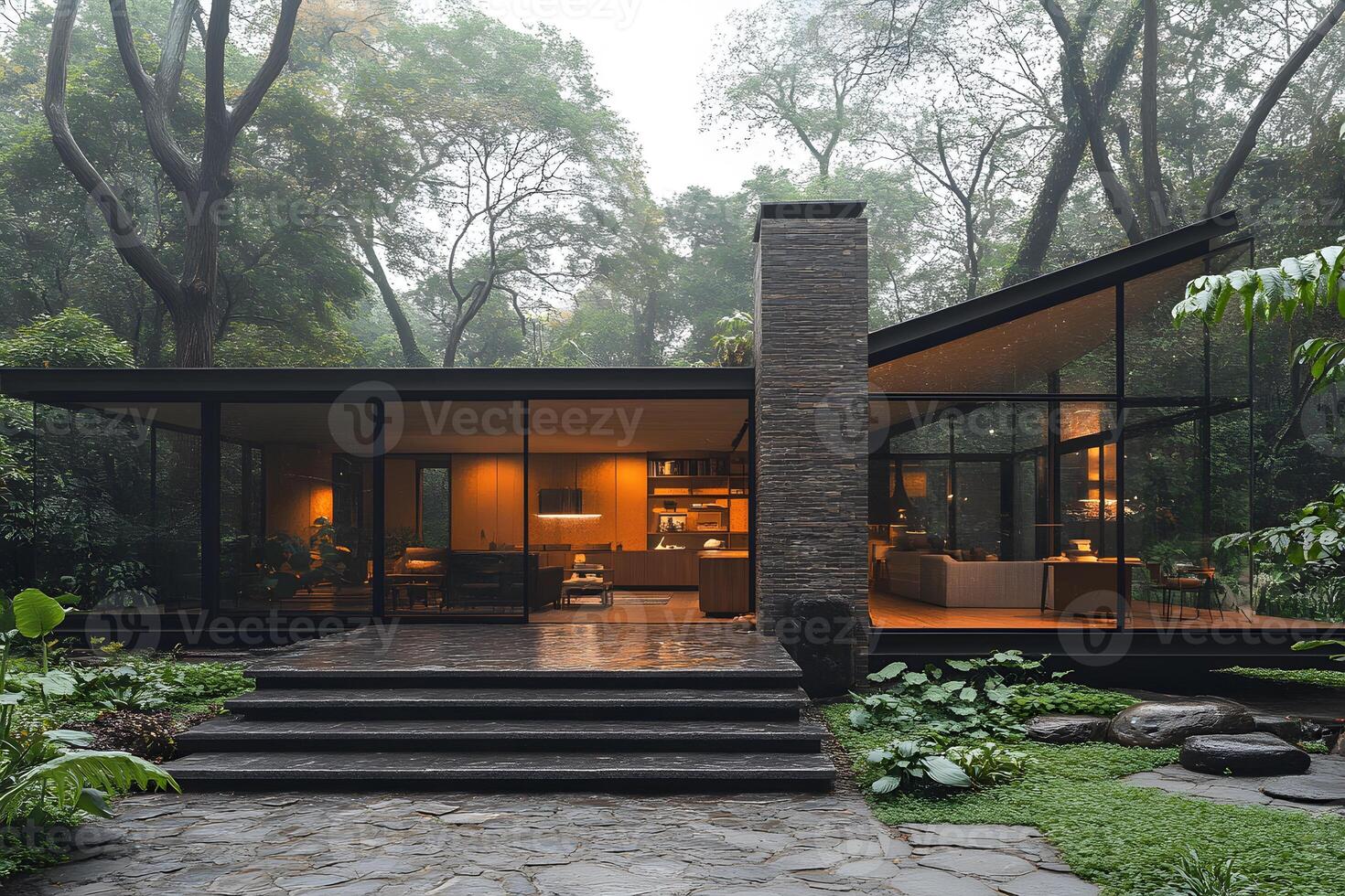 Modern Glass House in Lush Forest Setting for Serene Nature Retreat photo